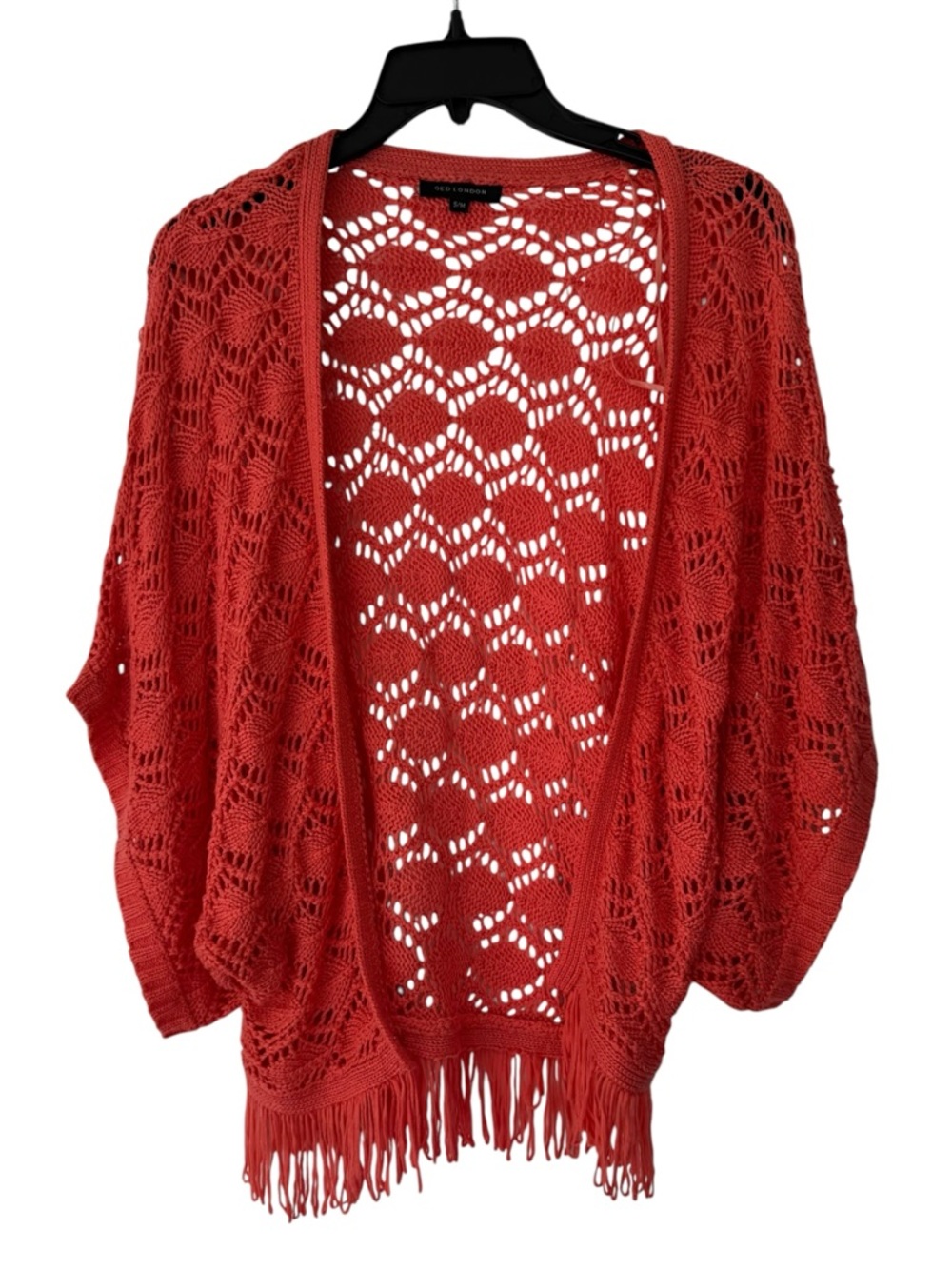 🌴 QED London Open-Knit‎ Fringe Draped Poncho Cardigan - Red